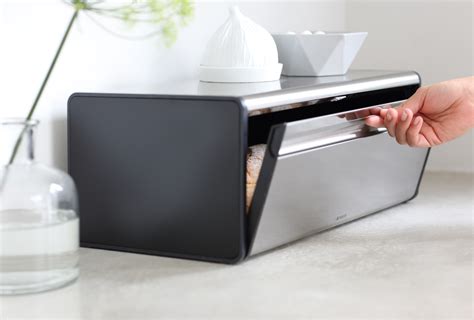 brabantia fall front bread box in brilliant steel|bread bin front opening.